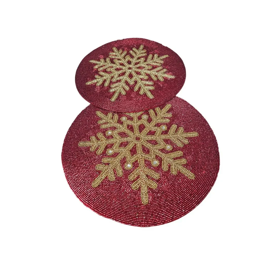 2 Nicole Miller Home Red Snowflake Beaded Round Chargers Placemats Christmas